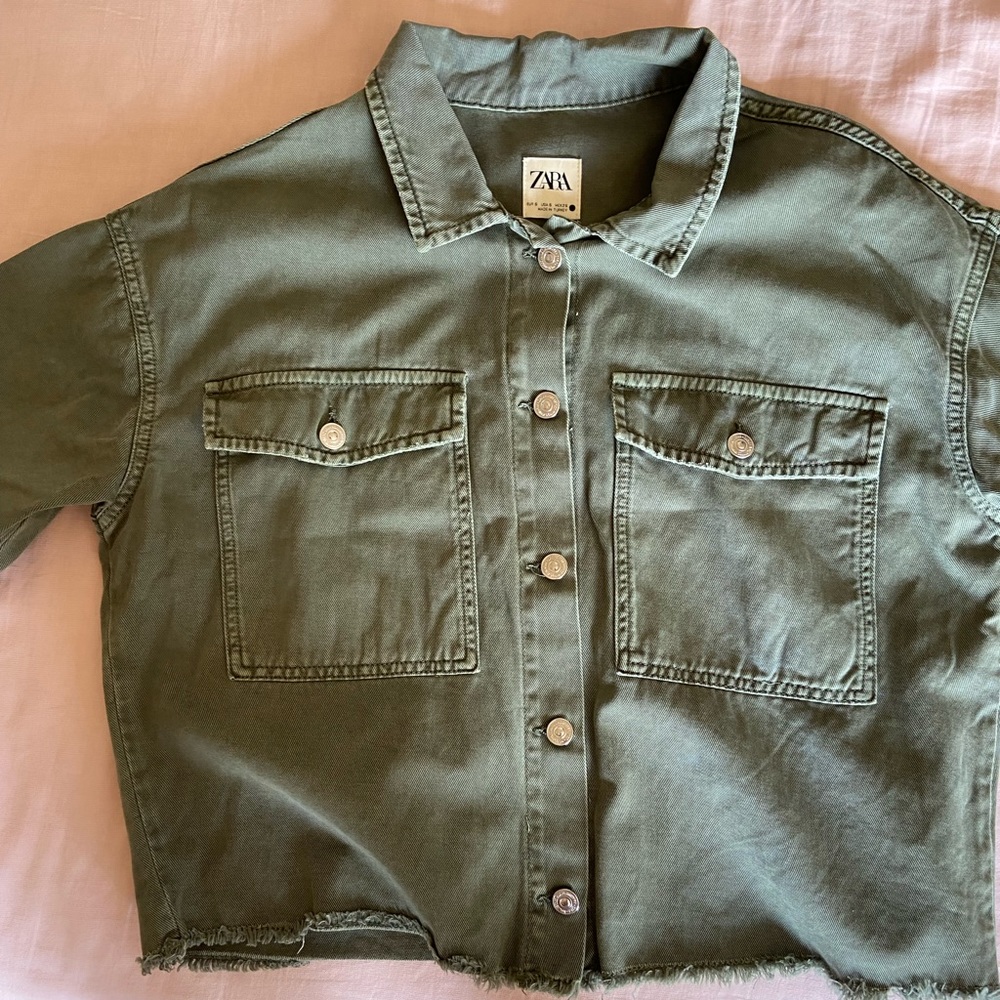 Zara Green Cropped Jean Jacket